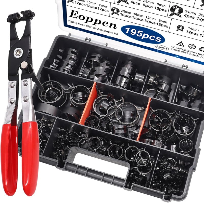 Eoppen 195Pcs 6-38mm Spring Hose Clamps Assortment Kit with Swivel Flat Band Fuel Hose Clamp Plier - 23 Sizes Fuel Line Silicone Vacuum Hose Low Pressure Air Clamps - Image 1